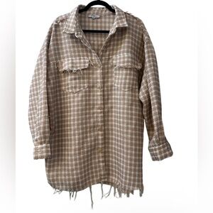 Polagram Women’s 1XL Tan Gingham Frayed Shacket Jacket 95% Cotton Casual
